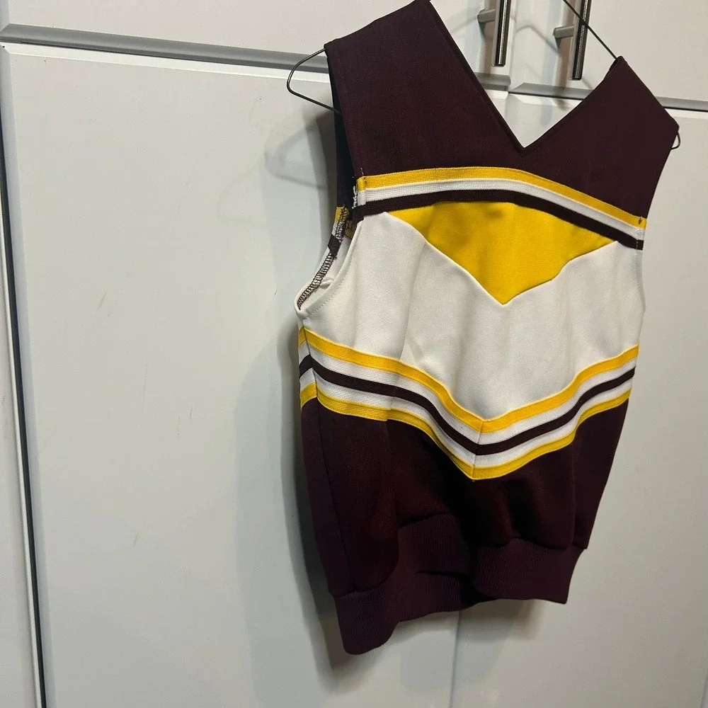 Vintage Dehen RHS Cheerleading Shell Top Burgundy Yellow White Size 34 USA Made